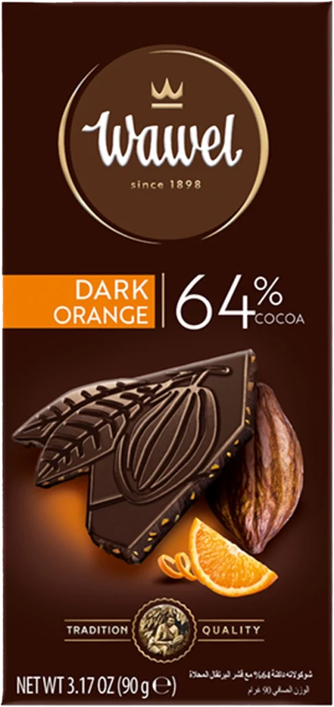 פרמיום שוקולד מריר 64% עם קליפות תפוז מסוכרות